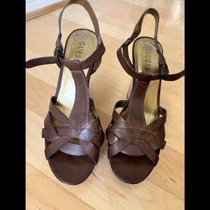 Guess brown leather platforms with cork heel